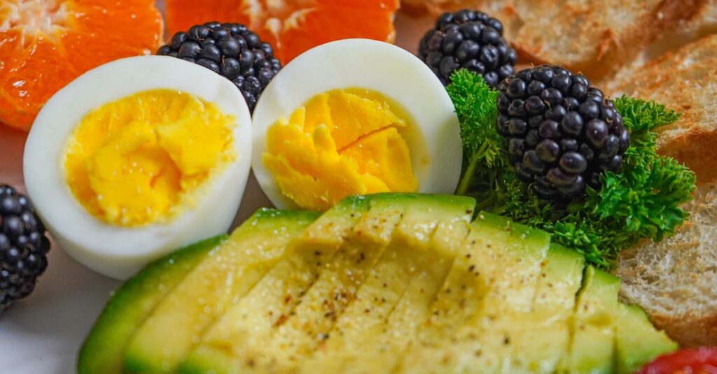 A vibrant plate featuring avocado, egg, tomatoes, and berries, ideal for healthy eating.